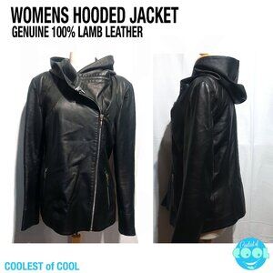 Women's black leather jacket 100% real Lambskin hooded fashion zip up see size